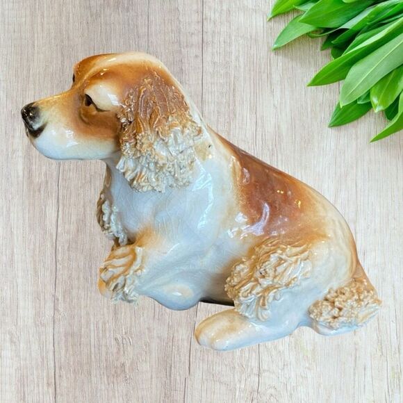 Vintage Porcelain Cocker Spaniel Dog Brown And White Spaghetti Trim Figurine - Picture 5 of 9
